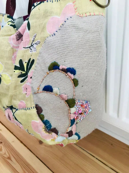 Bag 手縫いのバッグ 布製 本革持ち手 スローファッション ハンドメイド 1709 - Billede 5