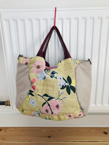 Bag 手縫いのバッグ 布製 本革持ち手 スローファッション ハンドメイド 1709 - Billede 7