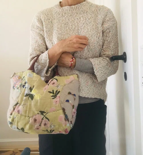 Bag 手縫いのバッグ 布製 本革持ち手 スローファッション ハンドメイド 1709 - Billede 3