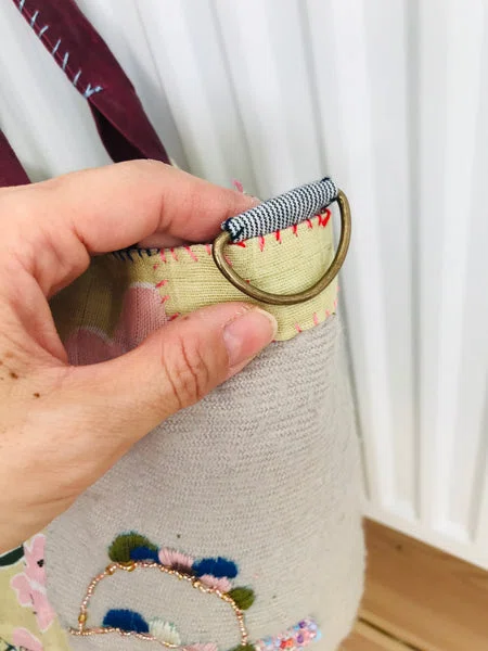 Bag 手縫いのバッグ 布製 本革持ち手 スローファッション ハンドメイド 1709 - Billede 6